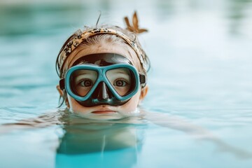 Naklejka premium A young girl wearing a diving mask in a swimming pool