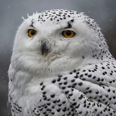 Obraz premium A snowy owl with its white feathers speckled with black spots in soft light.