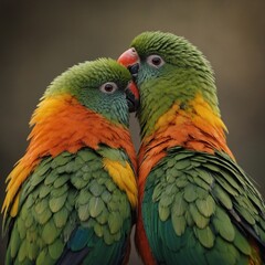 Fototapeta premium A pair of lovebirds with green, yellow, and orange feathers cuddled together.