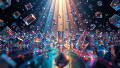 Vibrant Iridescent Crystal Pyramids and Cubes Scattered Under a Light Beam