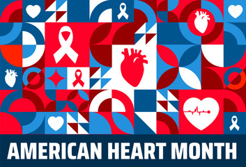 American Heart Month geometric shape pattern background banner or poster design template. observed every year in February. Holiday concept. Use to any Template, card, poster, placard, template.