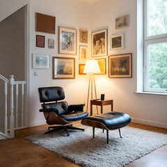 minimalist living room bathed in natural light from a large window. Frame mockup, Living room wall poster mockup. Interior mockup with house background. Modern interior design. 