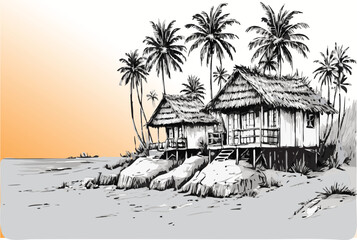 Hand-drawn illustration of a rustic hut on a tropical island, lined with tall palm trees. Captures the essence of solitude, tranquility, and island life.