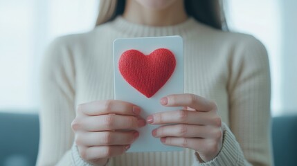 Woman Holding Card with Knitted Red Heart Symbolizing Love and Affection in Modern Indoor Setting