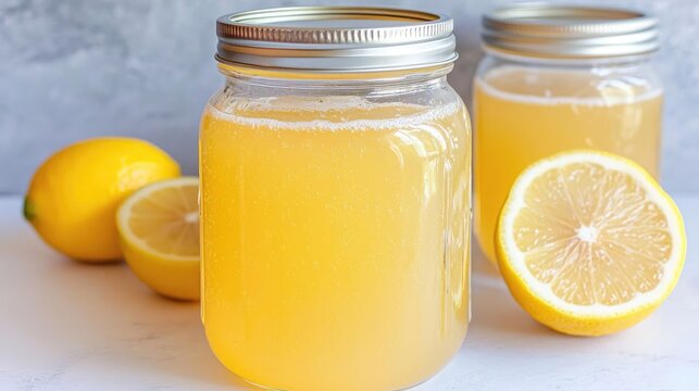 Homemade lemonade in mason jars with lemons. Refreshing summer drink. Kitchen background. Use recipe blog, cookbook