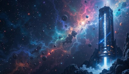Futuristic Space Elevator Concept on Cosmic Background