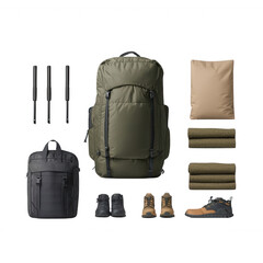 Naklejka premium Essential outdoor gear for adventure, featuring backpacks, shoes, and camping accessories., isolated on a transparent background.