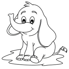 Cute cartoon hand drawn vector funny baby elephant coloring page.