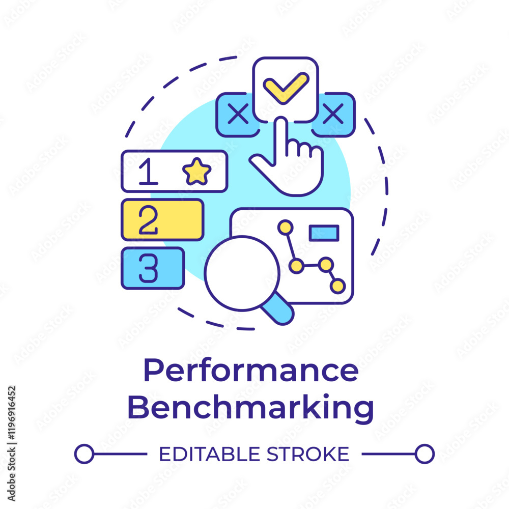 Poster performance benchmarking multi color concept icon. productivity compare. business processes analytic