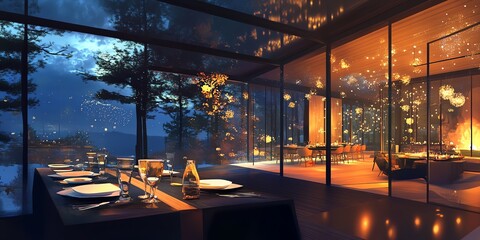 Worms-eye view capturing a cozy dinner scene in a high-tech lodge