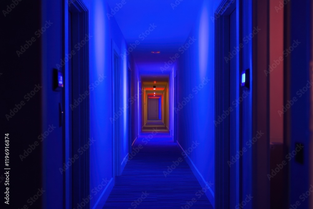 Aufkleber mysterious corridor illuminated with blue and red lights creating a surreal atmosphere