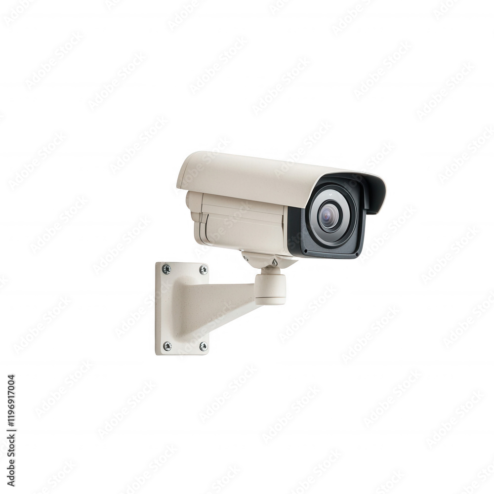 Poster high-resolution security camera mounted on a wall for surveillance and safety., isolated on a transp