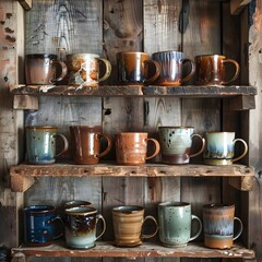 Obraz premium Ceramic pottery mugs. Handmade coffee cups as kitchenware home decor