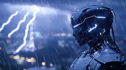 Cyberpunk Rain Futuristic Robot in Stormy City Nightscape