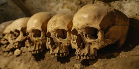 underground catacomb with skulls and bones. Apocalyptic scenery burial place