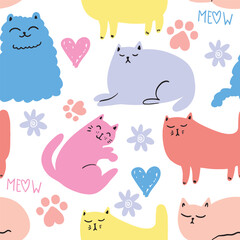 Cute seamless pattern with cats.
kids hand drawn kitty . Pattern for t-shirt, textile, fabric, web, poster, card and other design.
