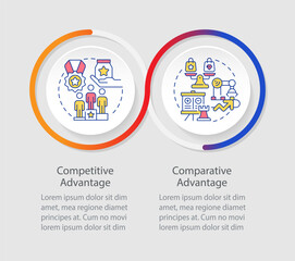 Competitive vs comparative advantage infographics circles sequence. Company growth strategy. Visualization layout with 2 steps. Info chart loop process presentation. Myriad Pro-Regular font used