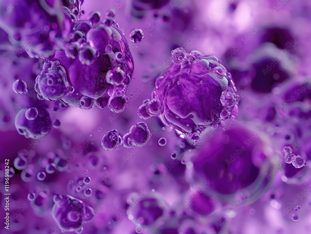 Poster close up of purple bubbles floating in the air. the bubbles are of different sizes and are scattered