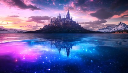 Magical castle reflected in a vibrant, starry lake.  Fantasy landscape, sunset, majestic architecture, dreamy scene.