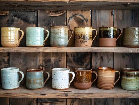Ceramic crafts pottery mugs. Handmade coffee cups as kitchenware home decor