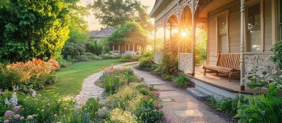 Obraz premium Serene Sunrise Garden Path: A Picturesque Victorian Home's Tranquil Morning