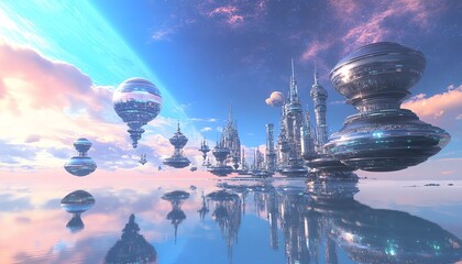 Futuristic city floating on clouds, reflecting in a tranquil sea.  Silver towers and orbs create a dreamlike, surreal landscape.