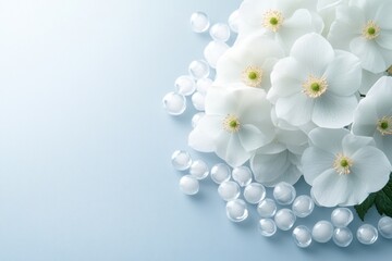 Elegant white flowers and pearls arranged on a soft blue background