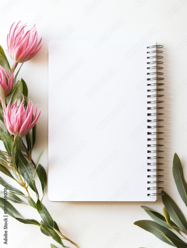 Poster blank notebook surrounded by pink flowers and green leaves ready for creative writing or sketching i