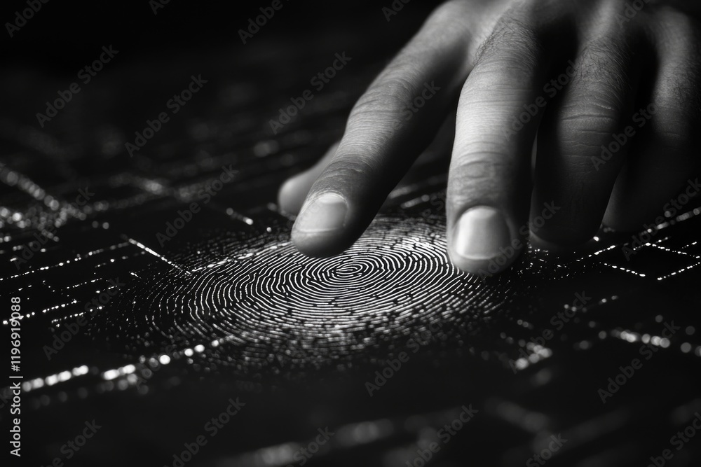 Poster close up of a human hand touching a fingerprint sensor on a black background, indicating secure biom