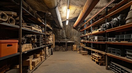 Underground Storage Industrial Parts, Cave Warehouse, Metal, Rock, Shelving