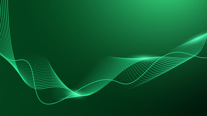 Abstract shining wave lines on dark green background. Dynamic wave pattern. Futuristic technology concept.