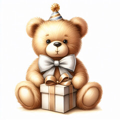 Fluffy Teddy Bear with a Gift &ndash; Gentle Watercolor in Soft Colors and Playful Vibe