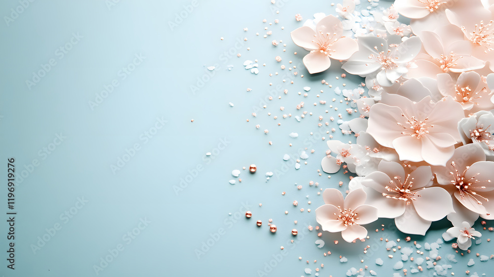 Poster a delicate arrangement of soft pink flowers on a light blue backdrop, enhanced with sparkling elemen