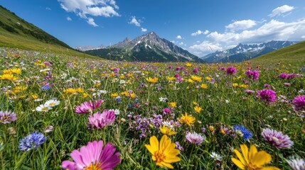Obraz premium Vibrant wildflowers bloom in a lush alpine meadow with majestic mountains under a blue sky.
