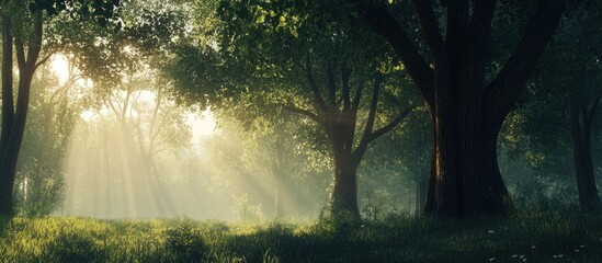 Obraz premium Sunbeams Illuminating a Mystical Forest