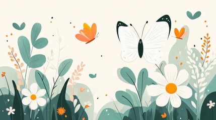 Vibrant Floral Illustration with Butterflies and Greenery in a Whimsical Style
