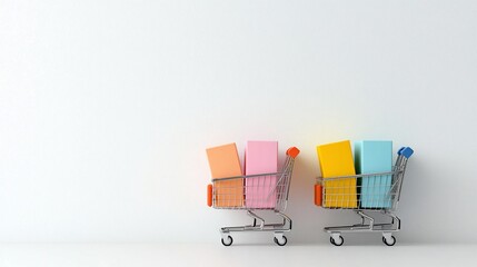 Two mini shopping carts with colorful boxes against white background.