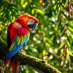 Scarlet macaw perched on mossy branch.