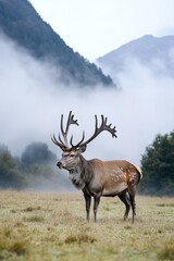 Obraz premium A deer standing in a field with fog in the background, suitable for use in outdoor or nature-themed projects