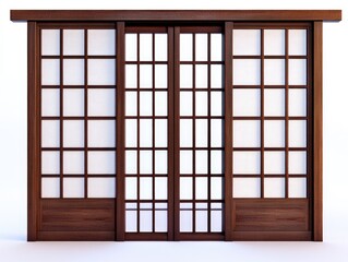 A modern take on traditional Japanese shoji doors, featuring a wooden frame with intricate detailing and a subtle color palette.