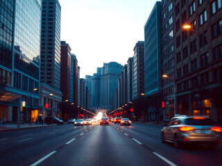 Naklejka premium A city street at night, with cars traveling through tall buildings.