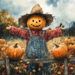 Scarecrow in a pumpkin patch, autumn theme