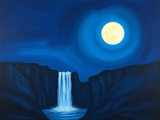 Fototapeta premium A digital painting shows a waterfall at night under a bright full moon, surrounded by dark cliffs.