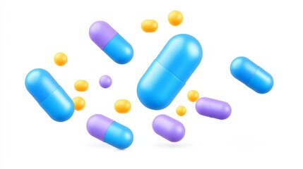 A colorful illustration of various pills and capsules in blue, purple, and yellow, representing medicine and health supplements.