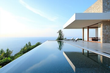 Fototapeta premium Modern villa with infinity pool overlooking the ocean at sunset in a tropical paradise