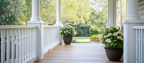 Fototapeta premium Serene Porch View: White Pillars, Lush Greenery, and Tranquil Garden