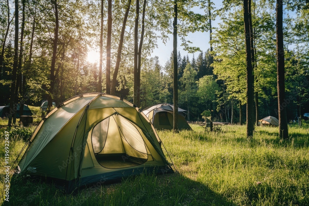 Poster group of tents are set up in a grassy field. the tents are green and are set up in a line. the sun i