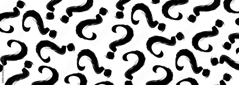 Poster black brush stroke question marks on white background. question mark pattern abstract vector backgro