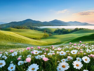 Fototapeta premium Scenic landscape with blooming flowers and rolling green hills