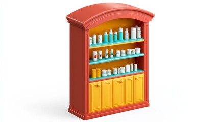 A colorful shelf displaying various bottles and containers, likely used for pharmaceuticals or wellness products.